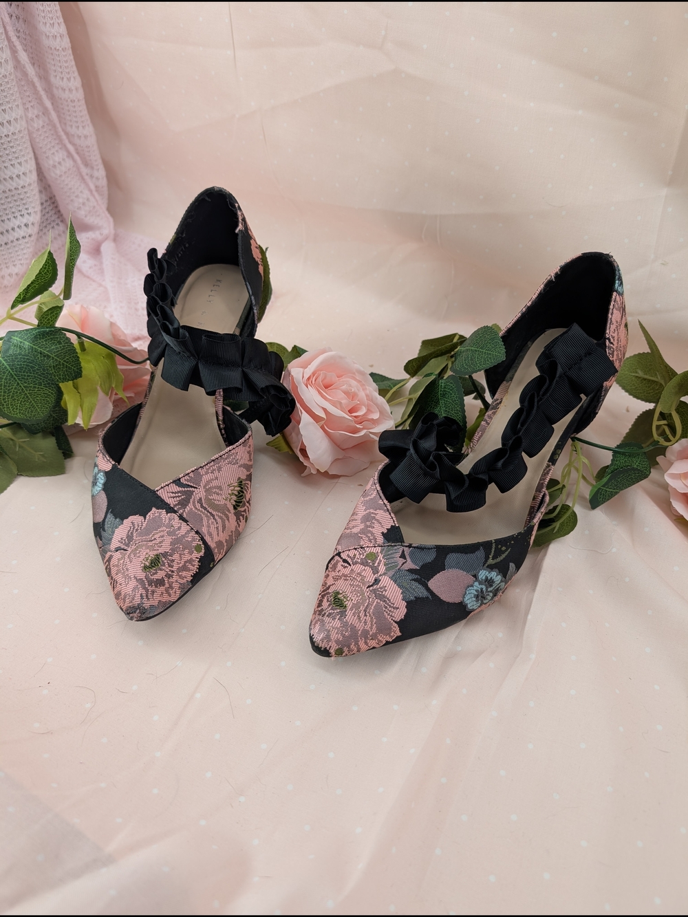 Floral Pointed-Toe Ribbon Ankle-Strap Heels in Pink and Black - Picture 1 of 5